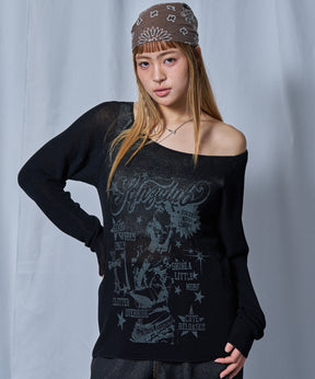 sqnz rock sheer knit / ワンショルダー ニット クルーネック 長袖 プリント シアー ブラック