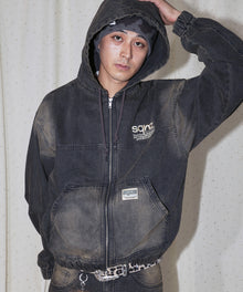 sqnz washed denim jacket / ジップパーカー フルジップ ヴィンテージライク フード オーバーダイ ブラウン ≪SET UP着用可能≫