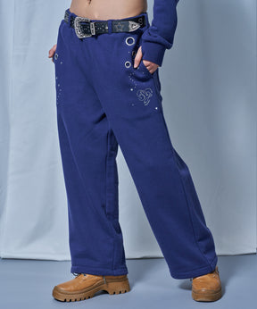 sqnz rhinestone & eyelet sweat pants / ラインストーン スウェットパンツ 裏毛 ハトメ ポケット 【セットアップ着用可能】 ダークネイビー