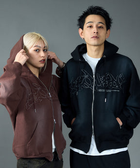 LOGO APPLIQUE ZIP HOODIE / フェード フルジップ オーバーサイズ ヴィンテージライク センターロゴ 裏起毛 ブラック ≪SET UP着用可能≫