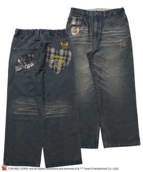 TJ PLAID DENIM PANTS / トムとジェリー チェック デニム パンツ 刺繍 加工 ネイビー