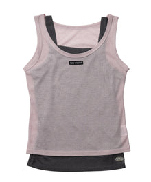 sqnz sheer layered tank / レディース シアー レイヤード ピスネーム メタルプレート タンクトップ クルーネック ライトピンク
