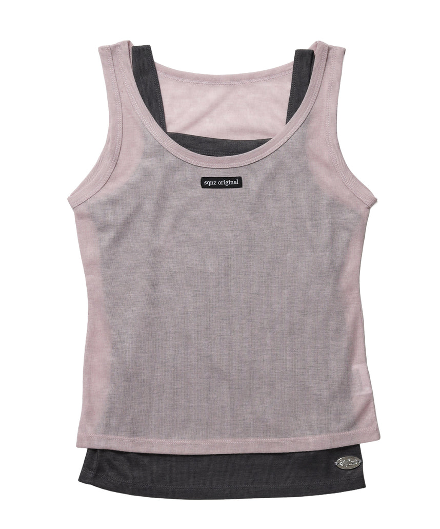 sqnz sheer layered tank / レディース シアー レイヤード ピスネーム メタルプレート タンクトップ クルーネック ライトピンク