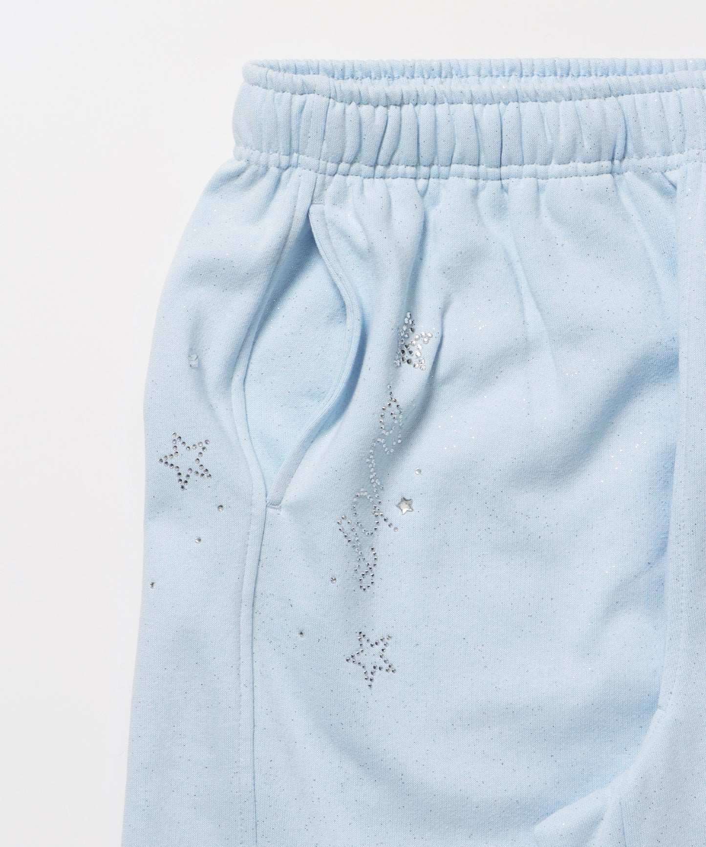 sqnz glitter sweat pants / グリッター スウェットパンツ ラインストーン ドローストリング ポケット 裏起毛 【セットアップ着用可能】 スカイブルー