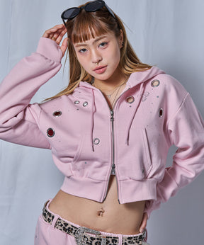 sqnz rhinestone & eyelet zip p/k / ジップパーカー スタッズ ハトメ ラインストーン フーディ 短丈 裏毛 【セットアップ着用可能】 ライトピンク