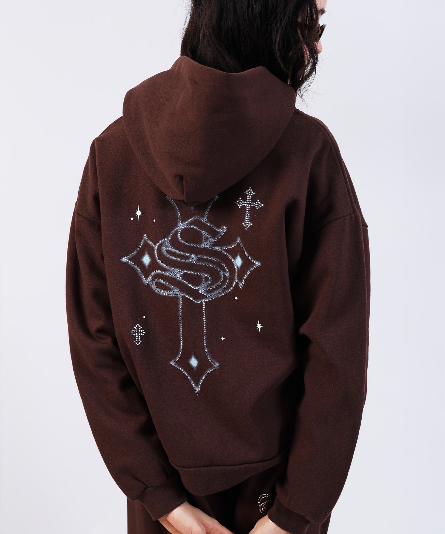 CROSS RHINE STONE ZIP P/K / パーカー ジップパーカー ラインストーン クロスデザイン 裏起毛 ダブルジップ 短丈 【セットアップ】 モカ