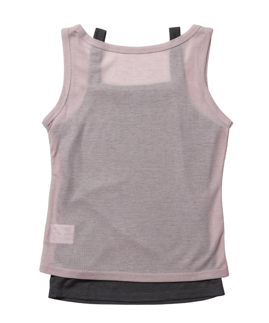 sqnz sheer layered tank / レディース シアー レイヤード ピスネーム メタルプレート タンクトップ クルーネック ライトピンク