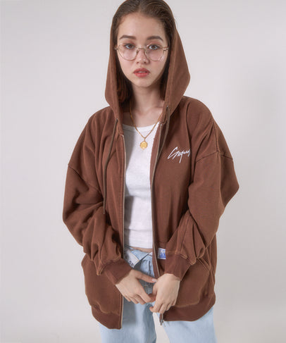 WORK AGING ZIP P/K / 古着風 シンプル ロゴ ワンポイント フルジップ パーカー モカ