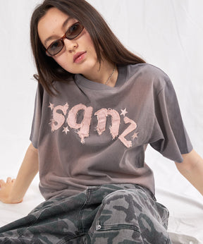 sqnz applique washed tee / Tシャツ 半袖 クルーネック 加工 フリンジ ライトグレー