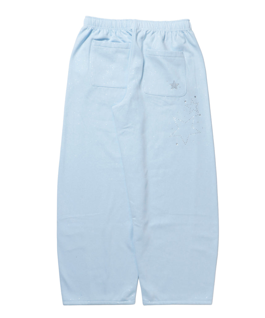 sqnz glitter sweat pants / グリッター スウェットパンツ ラインストーン ドローストリング ポケット 裏起毛 【セットアップ着用可能】 スカイブルー