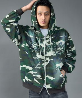 LOGO APPLIQUE ZIP HOODIE / フェード フルジップ オーバーサイズ ヴィンテージライク センターロゴ 裏起毛 柄80 ≪SET UP着用可能≫