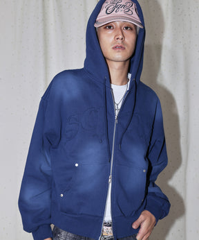 sqnz washed wappen zip p/k / フェード ジップパーカー スタッズ フルジップ オーバーサイズ ヴィンテージライク センターロゴ 裏起毛 ネイビー