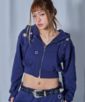 ※WEB限定 /短丈ラインストーンジップパーカー / sqnz rhinestone & eyelet zip p/k ダークネイビー