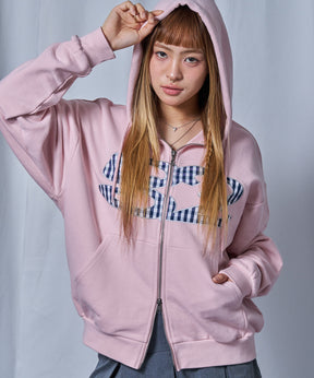 sqnz logo applique zip p/k / 裏毛 ダブルジップ ジップパーカー フーディ 星柄 ボーダー チェック ライトピンク