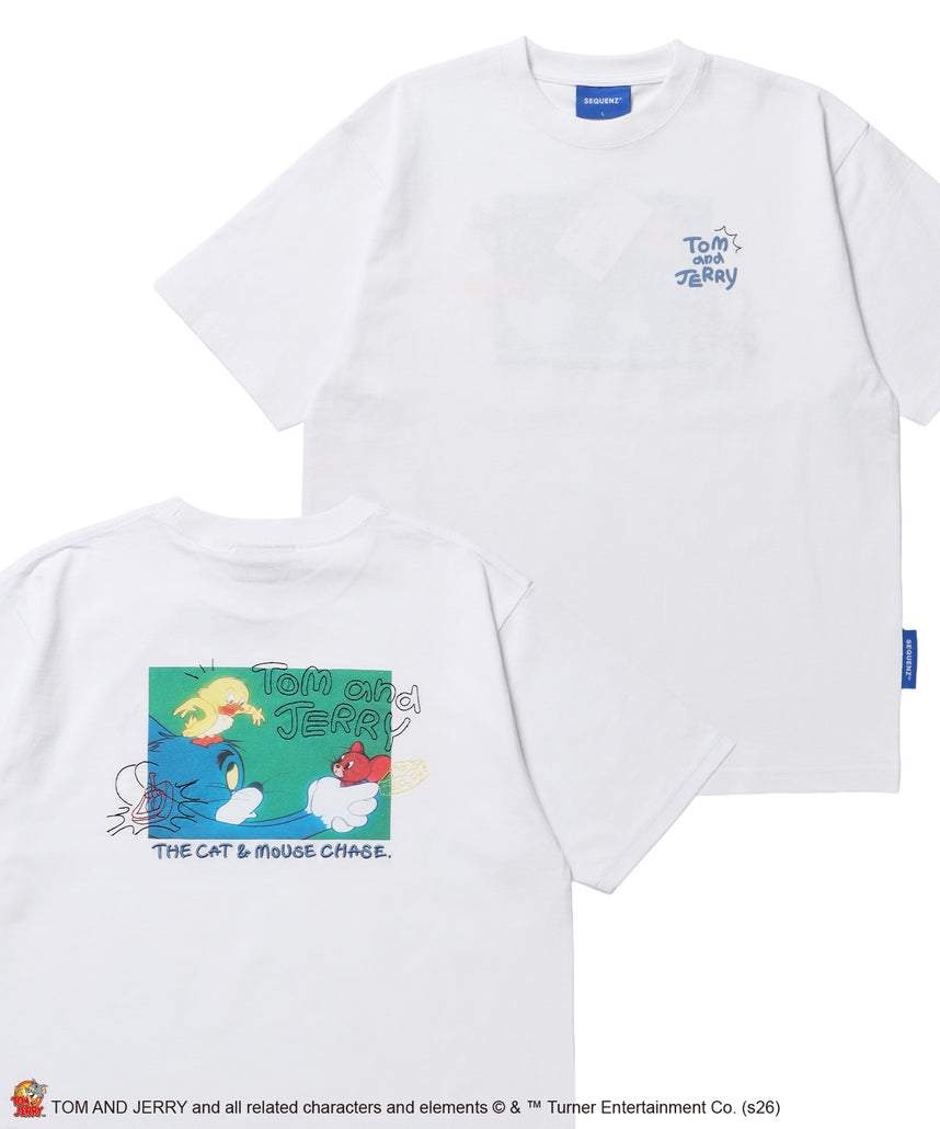 TJ PHOTO & EMB. TEE / トムとジェリー 半袖 クルーネック プリント 刺繍 ワンポイント ユニセックス オーバーサイズ レイヤード ホワイト