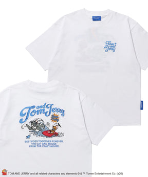 TJ SWIMMING EMB. TEE / トムとジェリー 半袖 クルーネック 刺繍 ワンポイント ユニセックス オーバーサイズ レイヤード ホワイト