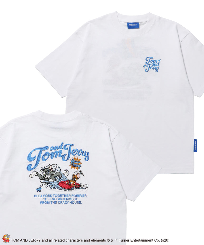 TJ SWIMMING EMB. TEE / トムとジェリー 半袖 クルーネック 刺繍 ワンポイント ユニセックス オーバーサイズ レイヤード ホワイト