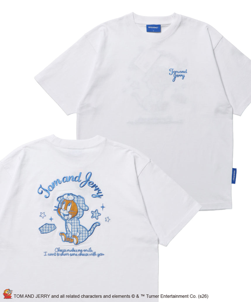 TJ GINGHAM DOG TEE / トムとジェリー 半袖 クルーネック 刺繍 ワンポイント ワッペン ユニセックス オーバーサイズ レイヤード ホワイト