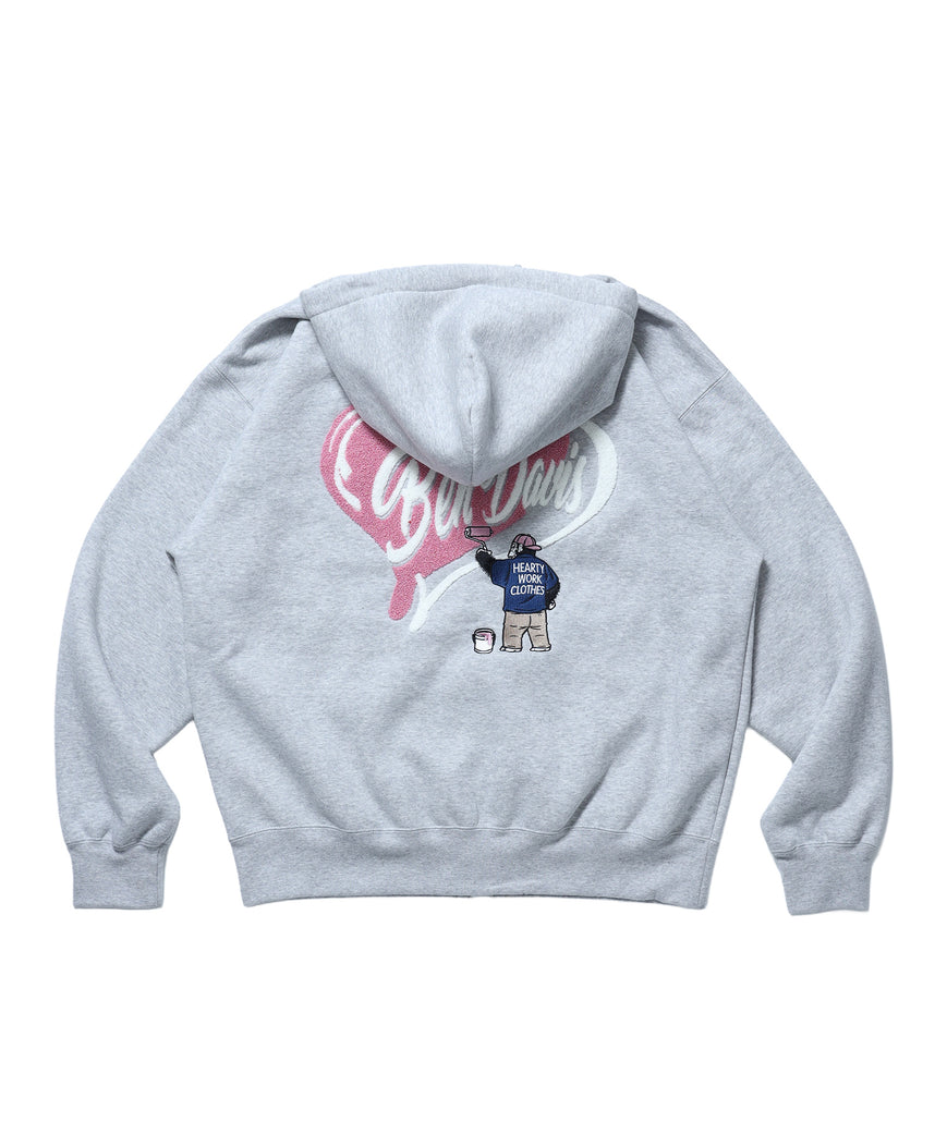 HEART CHENILLE ZIP HOODIE / ジップパーカー フード ハート チェニール 刺繍 裏起毛 ユニセックス グレー