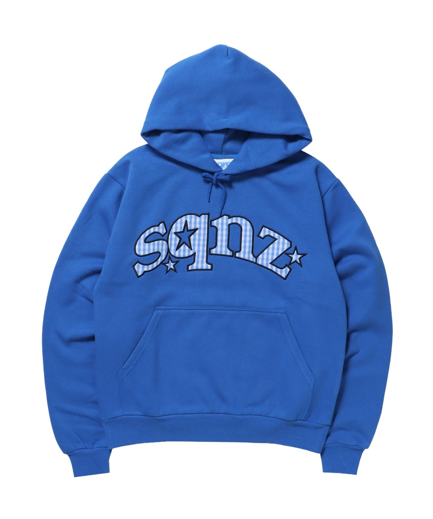 【sqnz（エスキュンズ)】sqnz gingham applique pk / ジップパーカー 裏起毛 フーディ チェック ワッペン 刺繍 ブルー