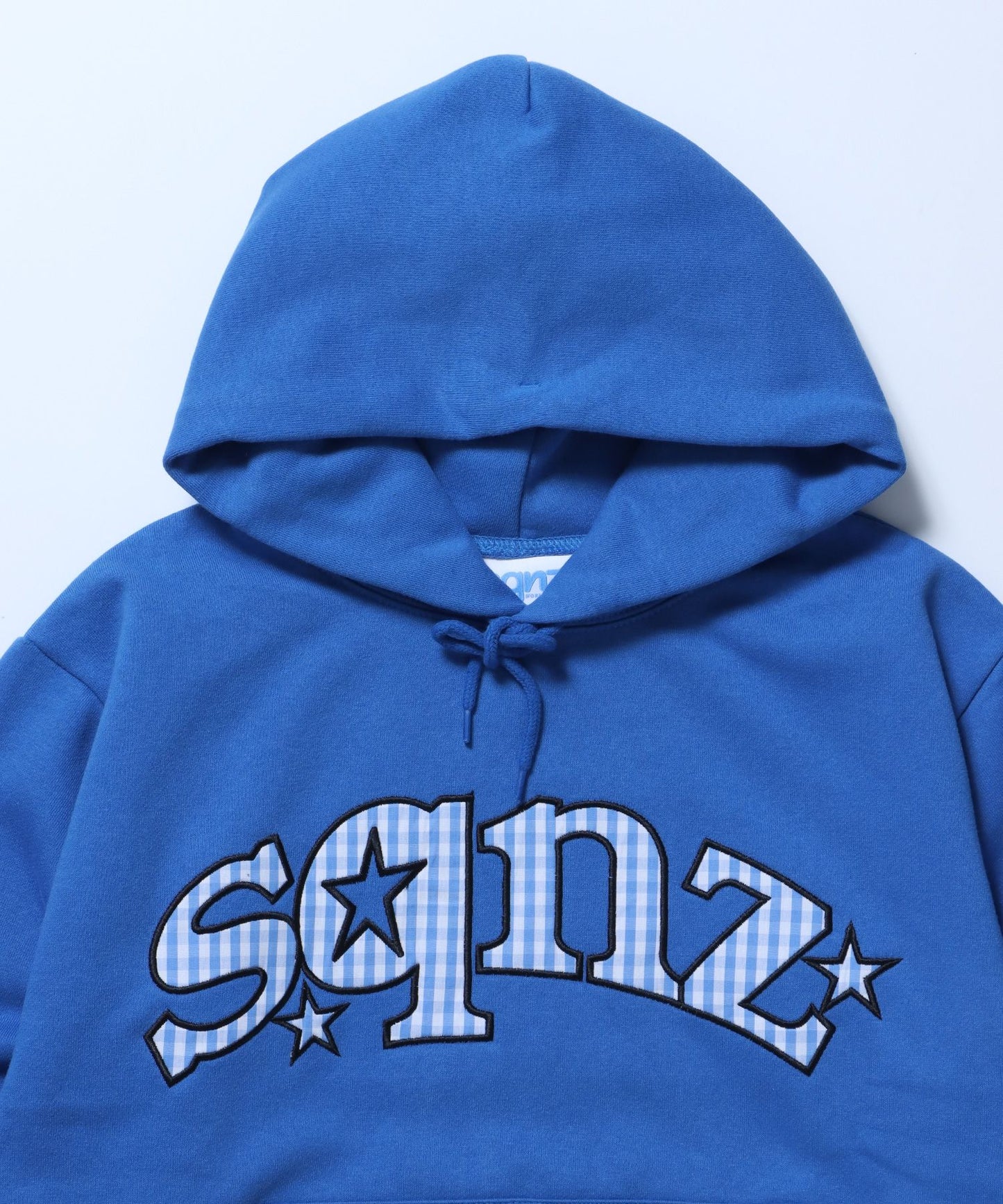 sqnz gingham applique pk / ジップパーカー 裏起毛 フーディ チェック ワッペン 刺繍 ブルー