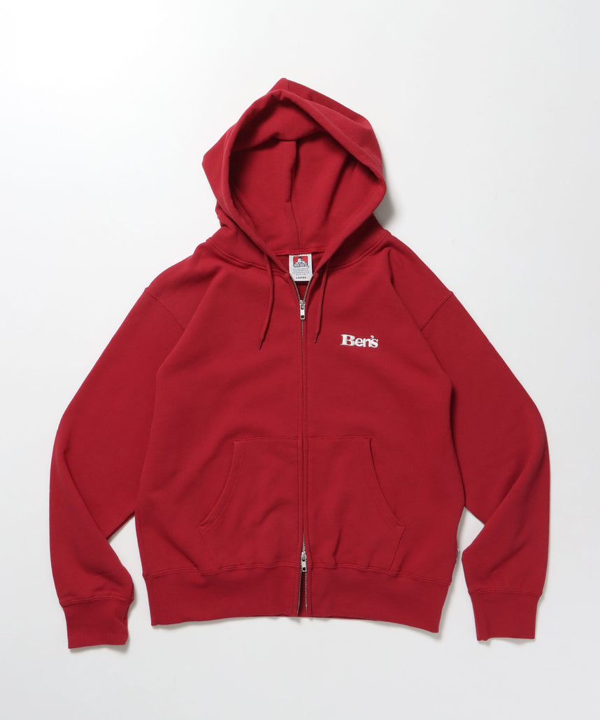 【BEN DAVIS（ベンデイビス）】70'S FIT ZIP HOODIE / ジップパーカー 刺繍 フーディ ダブルジップ 裏毛 短丈 レッド