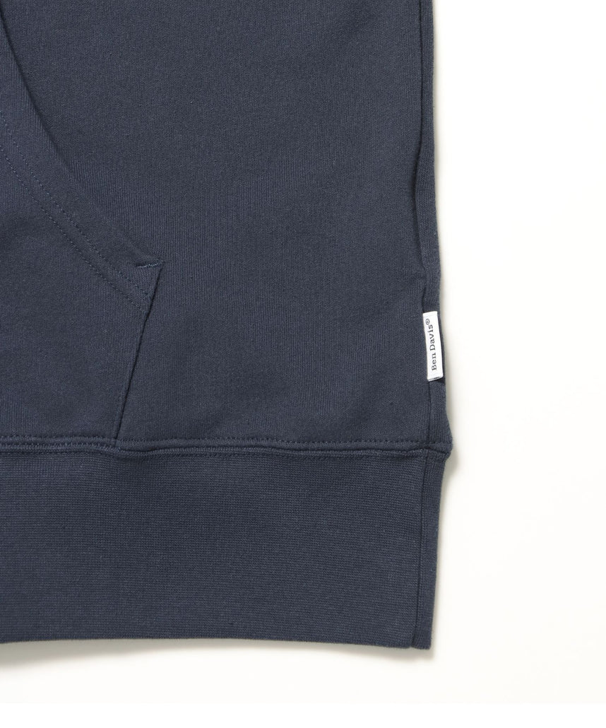 70'S FIT ZIP HOODIE / ジップパーカー 刺繍 フーディ ダブルジップ 裏毛 短丈 ネイビー