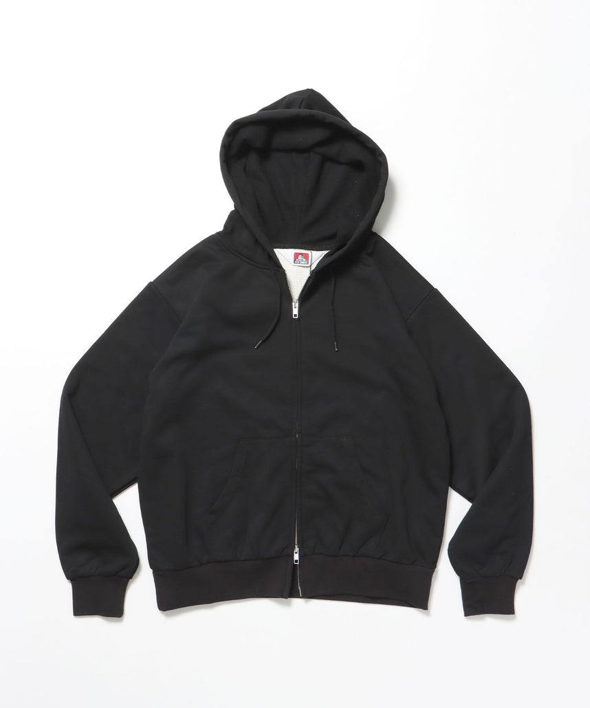 【BEN DAVIS（ベンデイビス）】THERMAL LINED ZIP HOODIE / ダブルジップ ヘビーウェイト 短丈 裏毛 ワッフル フーディ ブラック