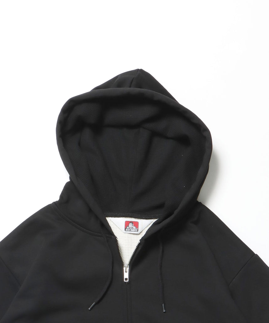 THERMAL LINED ZIP HOODIE / ダブルジップ ヘビーウェイト 短丈 裏毛 ワッフル フーディ ブラック
