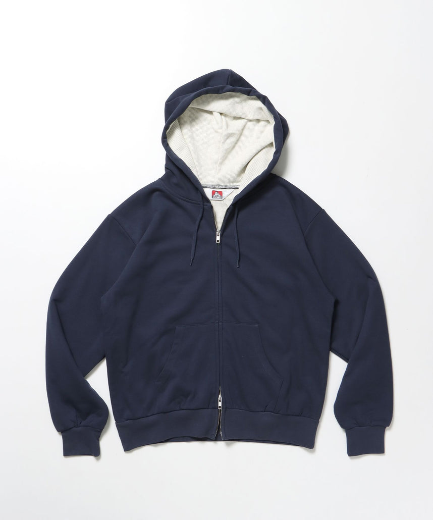 【BEN DAVIS（ベンデイビス）】THERMAL LINED ZIP HOODIE / ダブルジップ ヘビーウェイト 短丈 裏毛 ワッフル フーディ ネイビー
