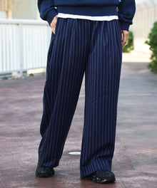 ストライプワイドタックパンツ / スラックス パンツ ドローストリング ストライプ 起毛 タック ネイビー