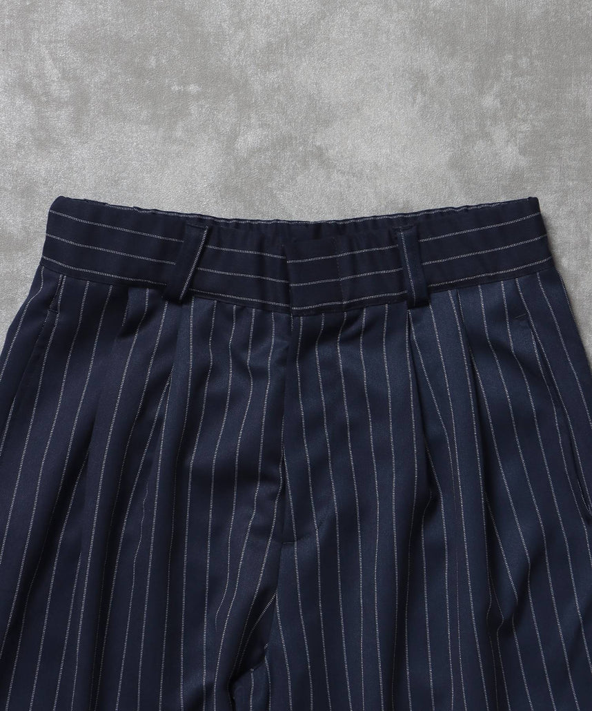 ストライプワイドタックパンツ / スラックス パンツ ドローストリング ストライプ 起毛 タック ネイビー