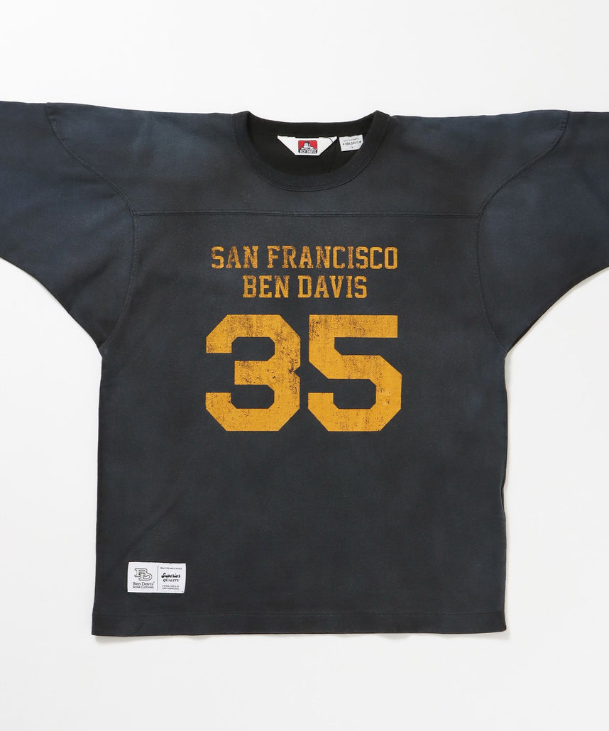 VNTG FOOTBALL TEE / Tシャツ クルーネック 七分丈 ナンバリング プリント ユニセックス 加工 ブラック