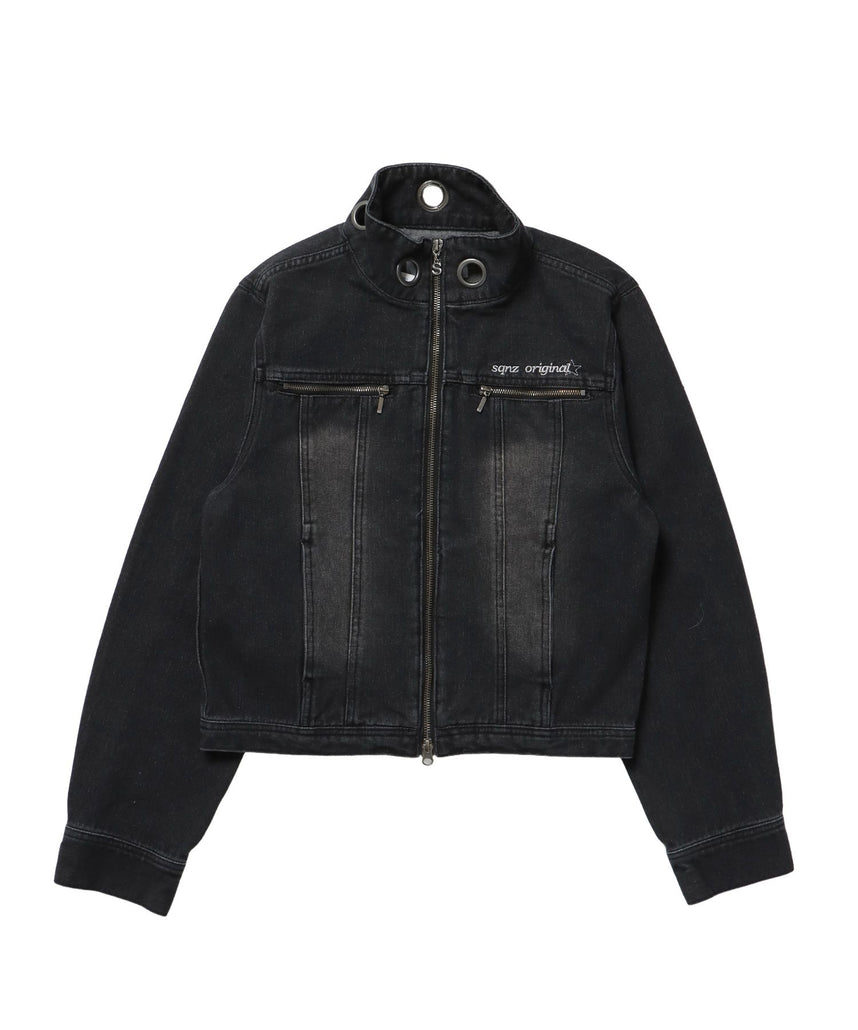 【sqnz（エスキュンズ）】sqnzW ハトメスタンドエリジップJKT / レディース デニム スウェード スタンド ジップ ジャケット 刺繍 ダブルジップ ハトメ ブラック