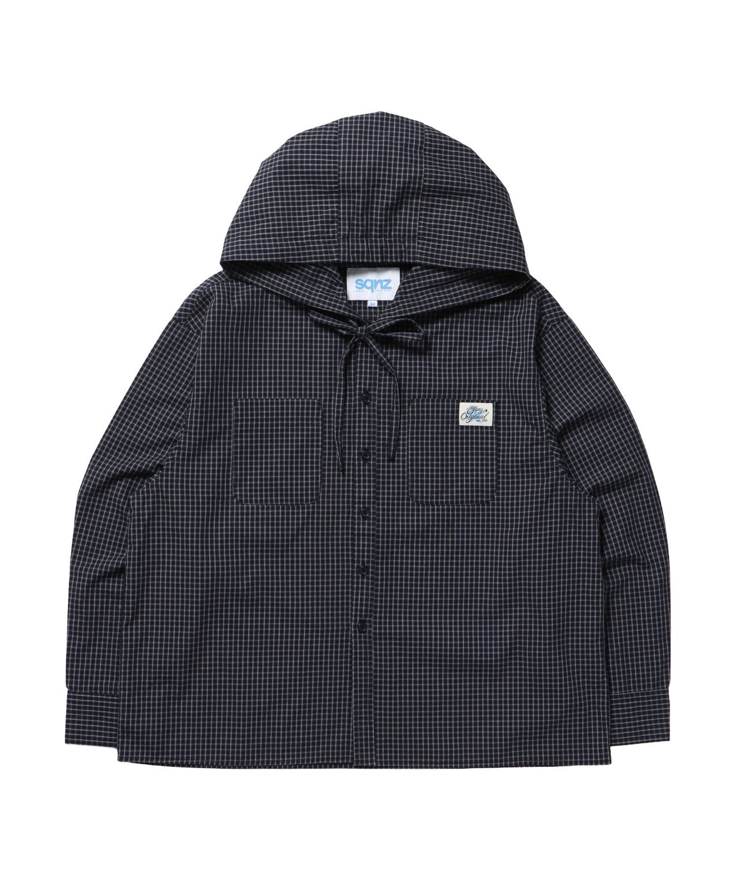 【sqnz（エスキュンズ）】フード付きチェックシャツ / シャツ ジップ パーカー チェック フーディ ワンポイント シンプル ネイビー