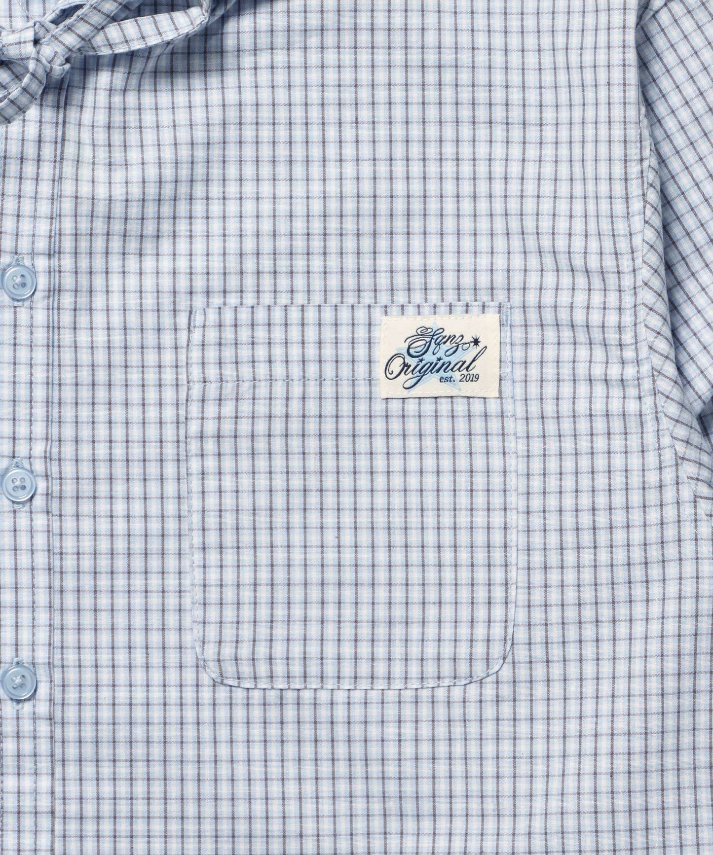 sqnz angel hooded l/s shirts  / 長袖シャツ パーカー チェック フーディ ワンポイント シンプル ライトブルー