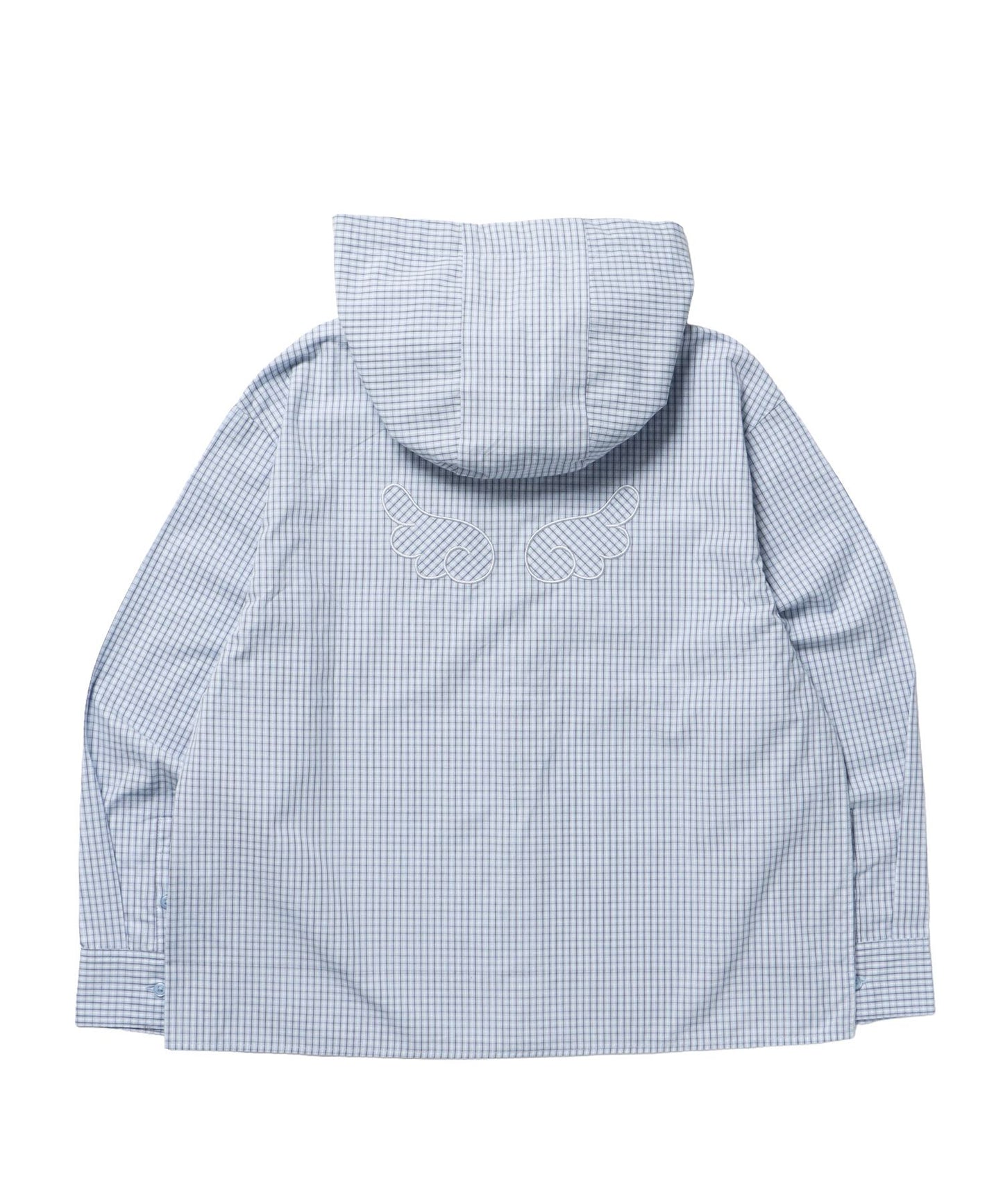 sqnz angel hooded l/s shirts  / 長袖シャツ パーカー チェック フーディ ワンポイント シンプル ライトブルー