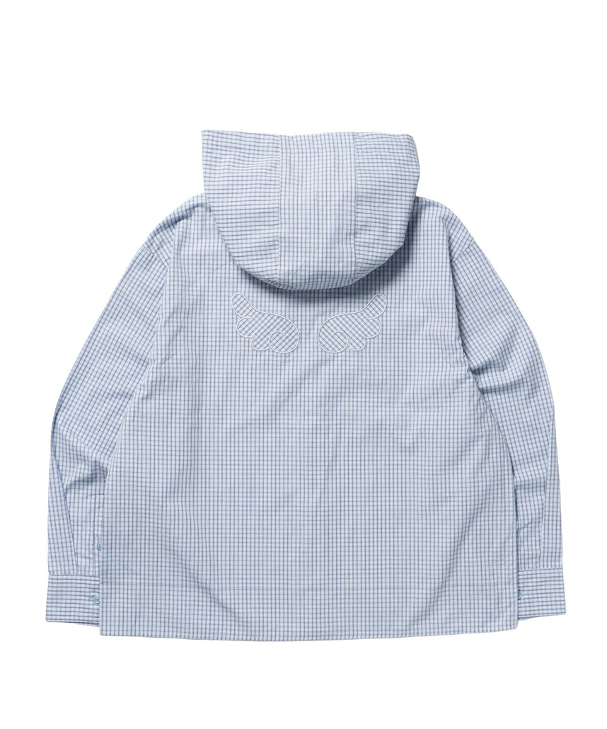 sqnz angel hooded l/s shirts  / 長袖シャツ パーカー チェック フーディ ワンポイント シンプル ライトブルー