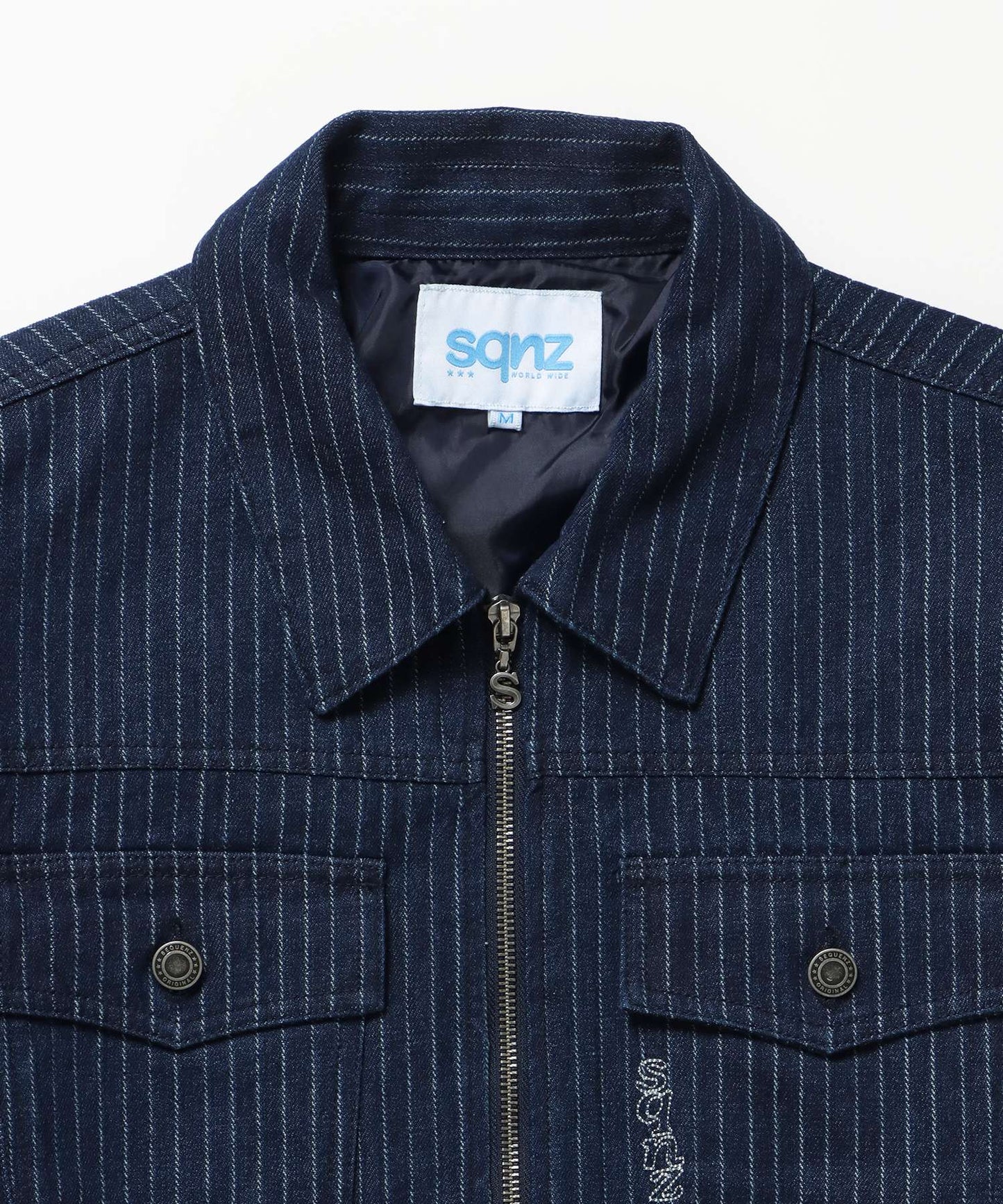 sqnz double pocket zip denim / デニム リジッド ジャケット 刺繍 レザーパッチ ダブルジップ 短丈 ネイビー