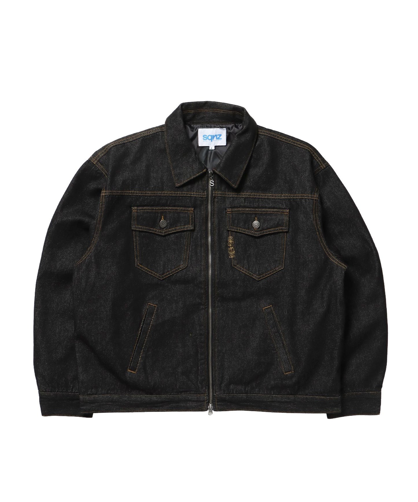 【sqnz（エスキュンズ）】リジッドデニムジャケット / デニム リジッド ジャケット 刺繍 レザーパッチ ダブルジップ 短丈 ブラック