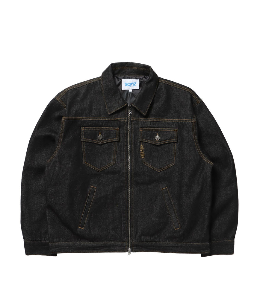 【sqnz（エスキュンズ）】リジッドデニムジャケット / デニム リジッド ジャケット 刺繍 レザーパッチ ダブルジップ 短丈 ブラック