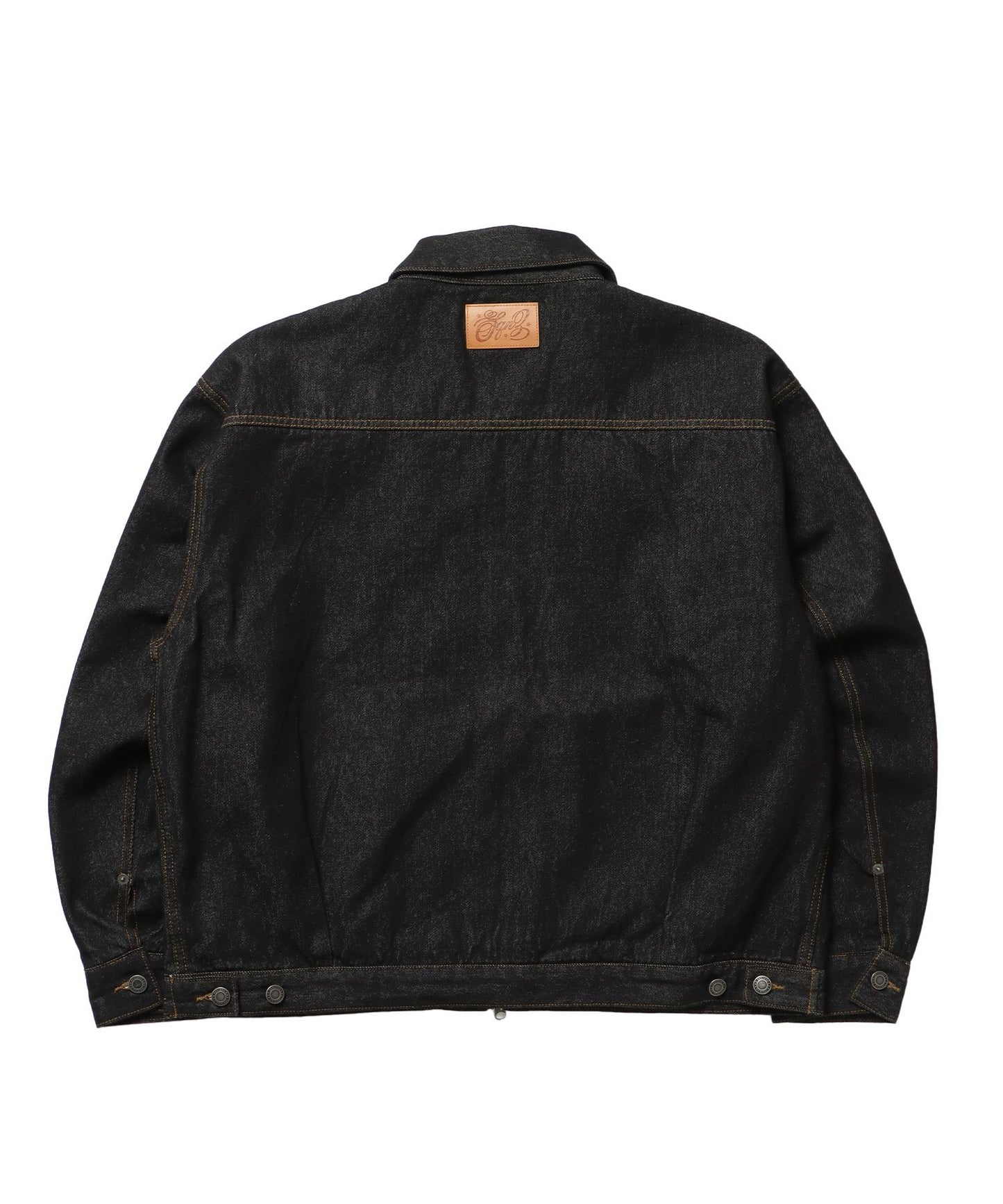 sqnz double pocket zip denim / デニム リジッド ジャケット 刺繍 レザーパッチ ダブルジップ 短丈 ブラック