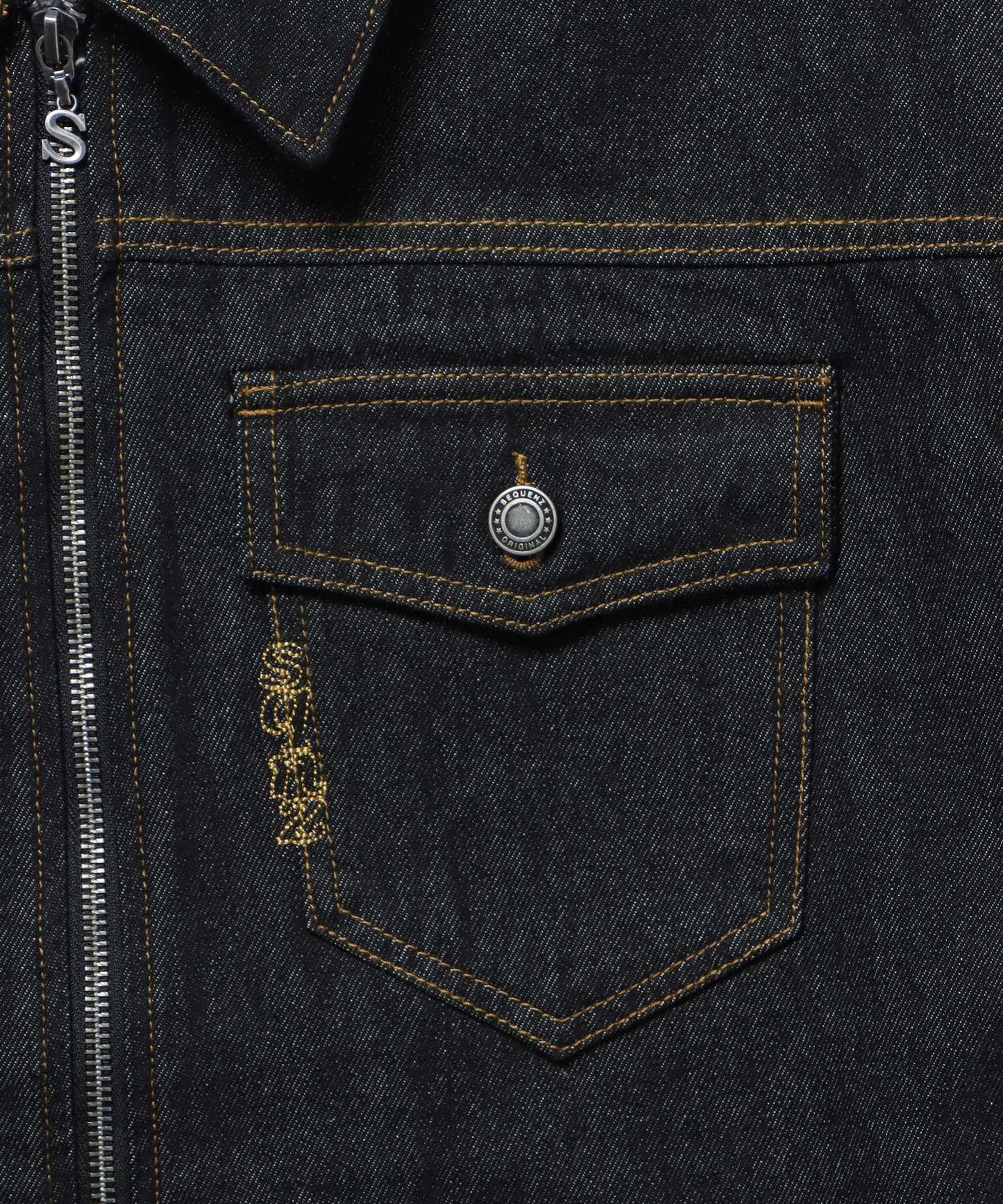 sqnz double pocket zip denim / デニム リジッド ジャケット 刺繍 レザーパッチ ダブルジップ 短丈 ブラック