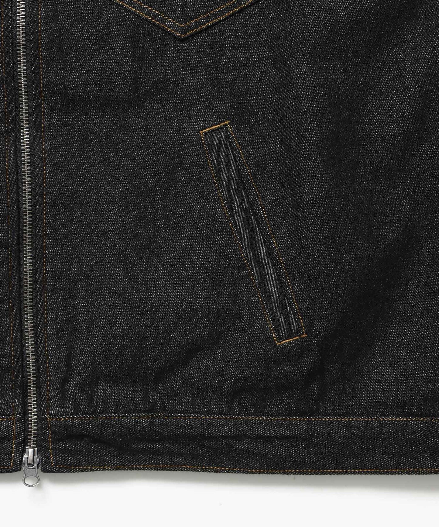 sqnz double pocket zip denim / デニム リジッド ジャケット 刺繍 レザーパッチ ダブルジップ 短丈 ブラック