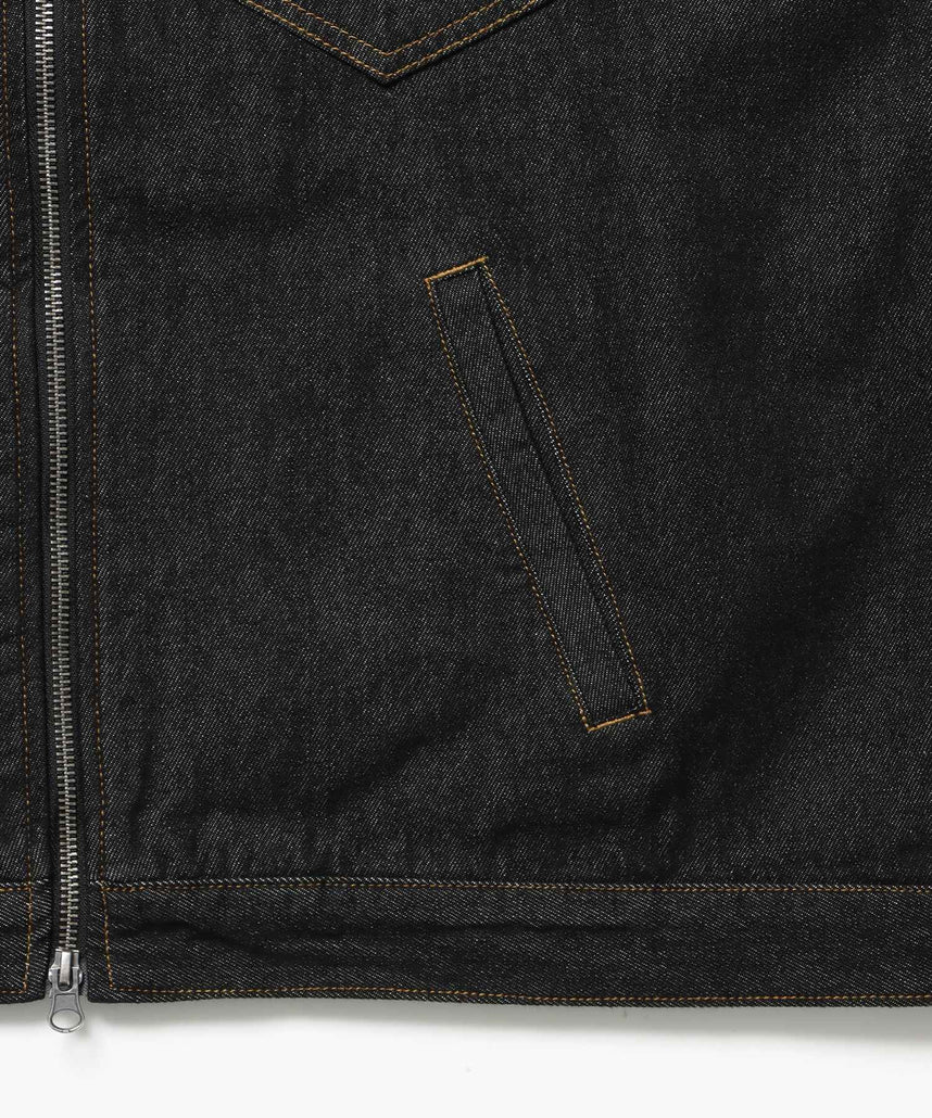 sqnz double pocket zip denim / デニム リジッド ジャケット 刺繍 レザーパッチ ダブルジップ 短丈 ブラック