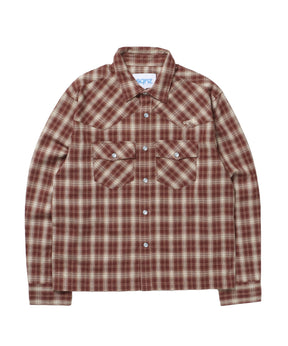sqnz western l/s shirts / シャツ チェック 刺繍 長袖 ボタン ポケット ウエスタン 短丈 ブラウン