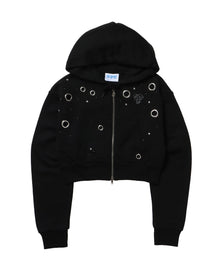 sqnz rhinestone & eyelet zip p/k / ジップパーカー スタッズ ハトメ ラインストーン フーディ 短丈 裏毛 【セットアップ着用可能】 ブラック