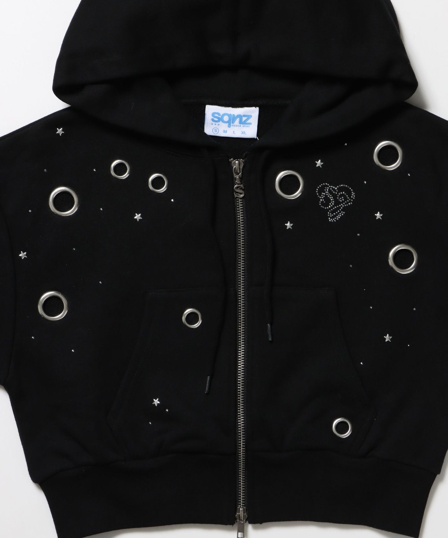 sqnz rhinestone & eyelet zip p/k / ジップパーカー スタッズ ハトメ ラインストーン フーディ 短丈 裏毛 【セットアップ着用可能】 ブラック