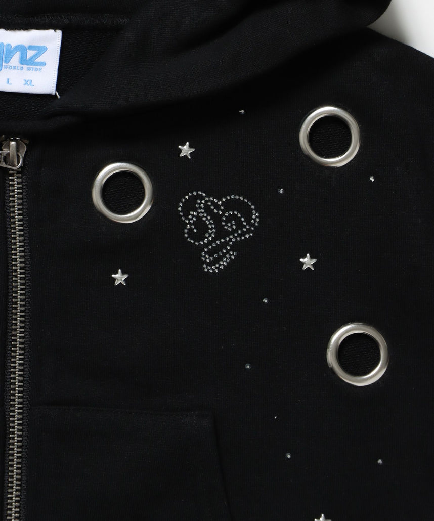 sqnz rhinestone & eyelet zip p/k / ジップパーカー スタッズ ハトメ ラインストーン フーディ 短丈 裏毛 【セットアップ着用可能】 ブラック