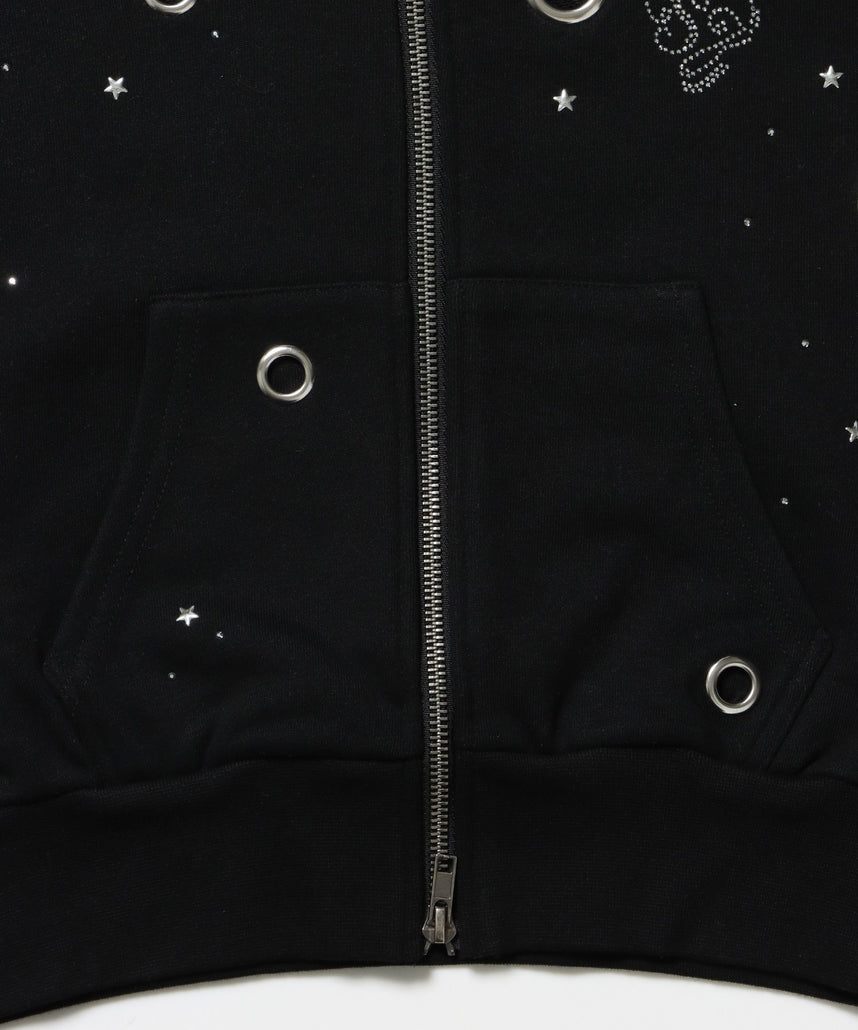 sqnz rhinestone & eyelet zip p/k / ジップパーカー スタッズ ハトメ ラインストーン フーディ 短丈 裏毛 【セットアップ着用可能】 ブラック